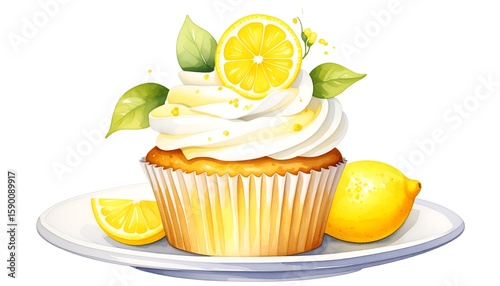 Wallpaper Mural A lemon cupcake on a plate, decorated with lemon slices and leaves Torontodigital.ca