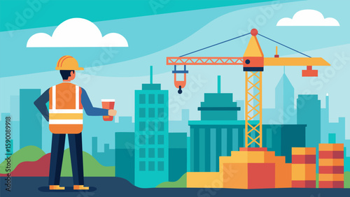 A panoramic view of a bustling construction site with the supervisor surveying the progress from a towering crane.. Vector illustration
