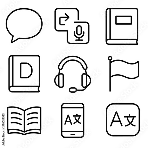 Language Training Icons. Outline style icons of Language Training: speech bubble, translation arrows, textbook, dictionary, audio