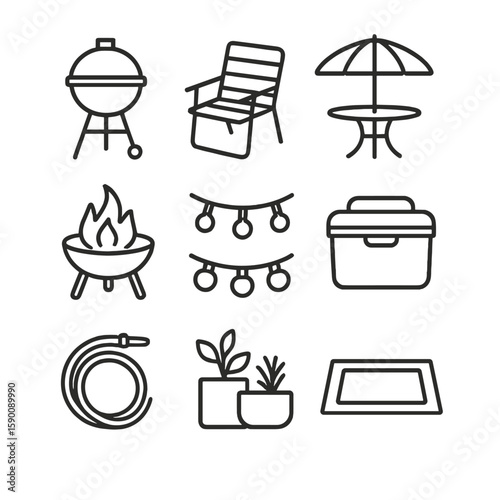Outdoor Gear Icons. Outline style icons of Outdoor Gear: barbecue grill, patio chair, umbrella table, fire pit, string lights,
