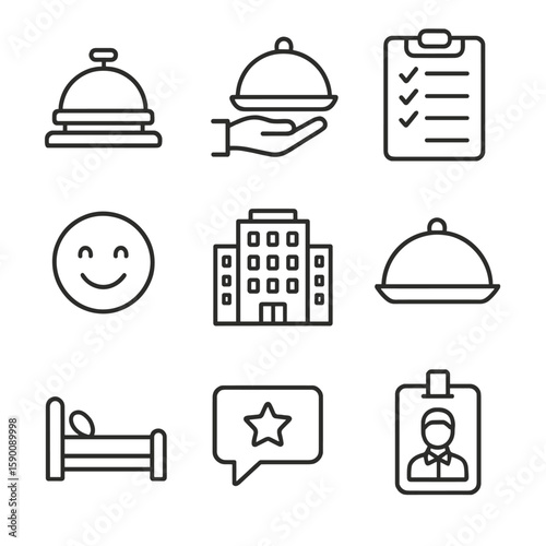 Hospitality Training Icons. Outline style icons of Hospitality Training: reception bell, room service tray, cleaning checklist,