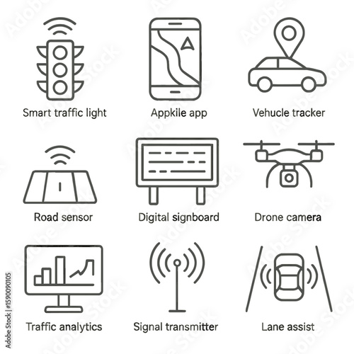 Traffic Tech Icons. Line style icons of traffic management technology: smart traffic light, traffic app, vehicle tracker, road