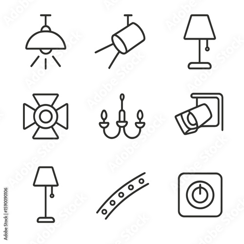 Trade Show Lighting Icons. Outline style icons of trade show lighting: overhead light, spotlight beam, ambient lamp, stage light,