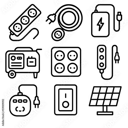 Trade Show Power Icons. Outline style icons of trade show power: power strip, extension cord, battery pack, generator, outlet