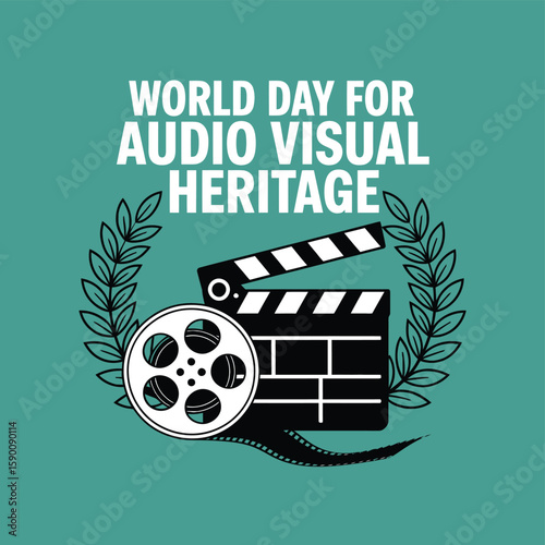 Celebrating World Day for Audio Visual Heritage with a film reel and clapperboard encircled by a laurel wreath, promoting the preservation of cinematic history and cultural memory.