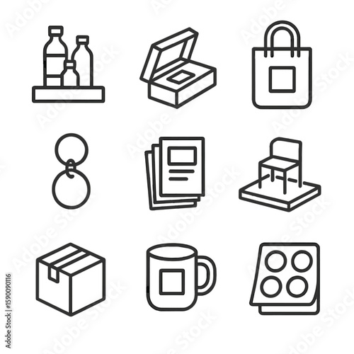 Trade Show Icons. Outline style icons of trade show merchandise: product display, sample box, branded tote, giveaway item, catalog