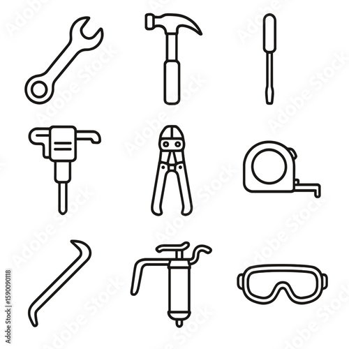 Trackside Tool Icons. Outline style icons of trackside facility tools: wrench, hammer, screwdriver, rail drill, bolt cutter,