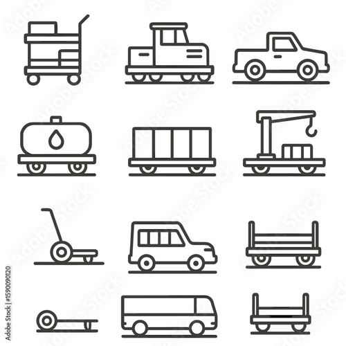 Trackside Facility Icons. Outline style icons of trackside facility transport: service cart, rail tractor, inspection vehicle,