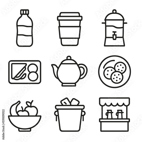 Trade Show Refreshments. Outline style icons of trade show refreshments: water bottle, coffee cup, snack tray, juice dispenser,