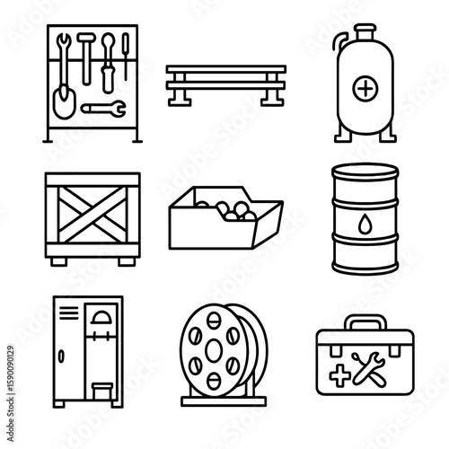 Trackside Facility Icons. Outline style icons of trackside facility storage: tool rack, spare rail, fuel tank, equipment crate,