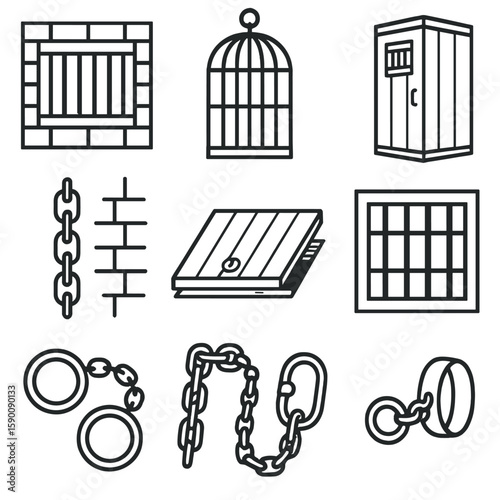 Confinement Icons Collection. Outline style icons of torment implements confinement: dungeon cell, iron cage, solitary box,