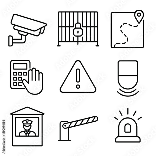 Trackside Security Icons. Outline style icons of trackside facility security: security camera, lock gate, patrol route, access