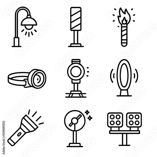 Trackside Night Ops Icons. Outline style icons of trackside facility night ops: night light, reflector post, emergency flare,