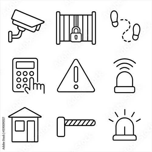 Trackside Security Icons. Outline style icons of trackside facility security: security camera, lock gate, patrol route, access