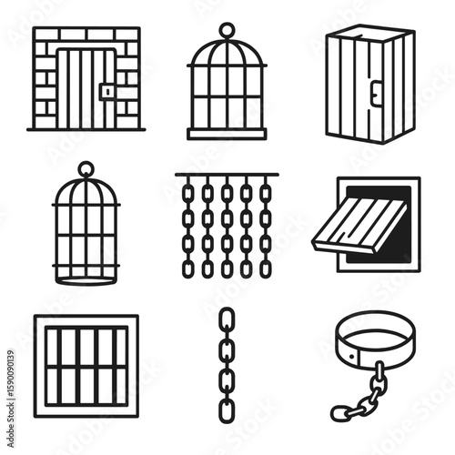 Confinement Icons Collection. Outline style icons of torment implements confinement: dungeon cell, iron cage, solitary box,