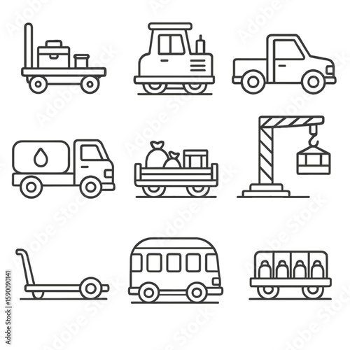 Trackside Facility Icons. Outline style icons of trackside facility transport: service cart, rail tractor, inspection vehicle,
