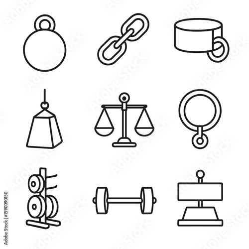 Torment Implements Icons. Outline style icons of torment implements weights: lead ball, iron chain, ankle weight, hanging stone,