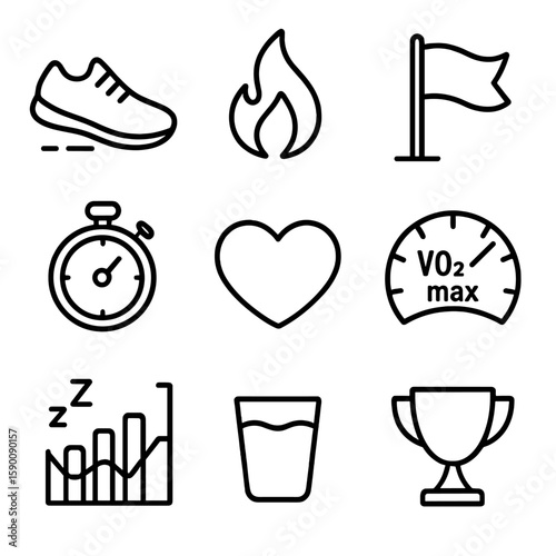 Cardio Fitness Icons. Line style icons of Cardio Fitness Tracker Data: step count shoe, calorie flame, distance flag, active