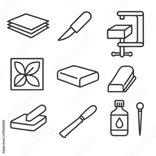 Marquetry Tools Icons. Line style icons of Marquetry Wood Inlay: veneer sheet stack, cutting knife, backing block, clamp press,