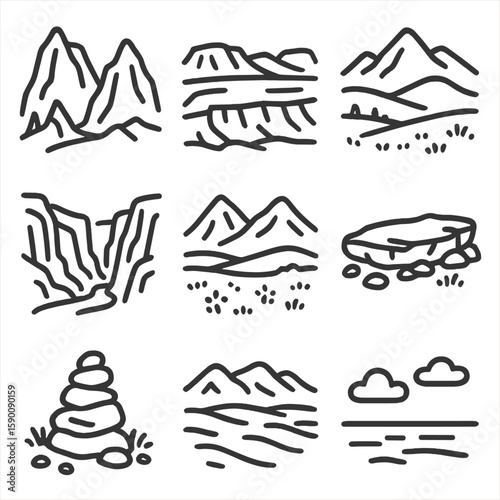 Mountain Pass Icons. Line style icons of Plateau and Pass Scenery: mountain pass gap, plateau vista, ridge line, valley gorge,