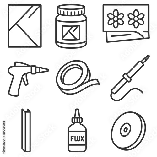 Glass Art Tools. Line style icons of Glass Etching & Stained Glass: glass panel, etching cream jar, stencil sheet, sandblaster