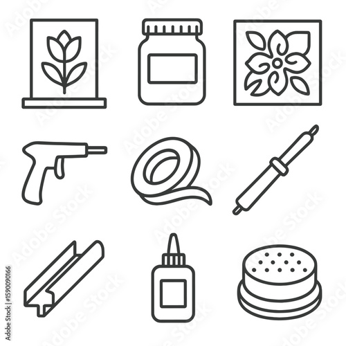 Glass Art Tools. Line style icons of Glass Etching & Stained Glass: glass panel, etching cream jar, stencil sheet, sandblaster