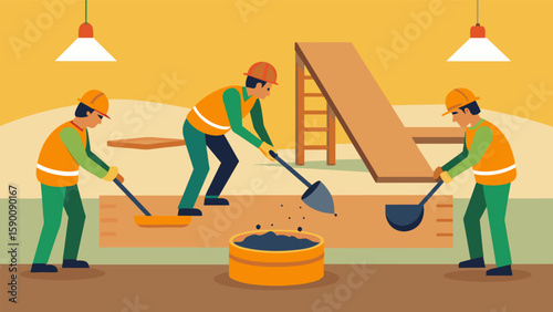 A team of construction workers pouring concrete into wooden forms to create the homes bat floor.. Vector illustration