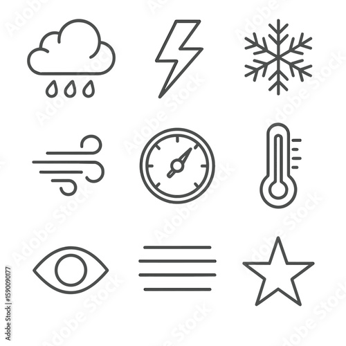 High-Altitude Weather Icons. Line style icons of High-Altitude Weather: cumulonimbus cloud, lightning bolt, snowflake, gale wind