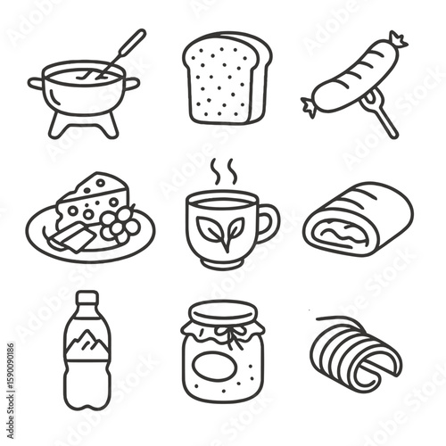 Alpine Culinary Icons. Line style icons of Alpine Culinary Traditions: fondue pot, rye bread slice, bratwurst sausage, cheese