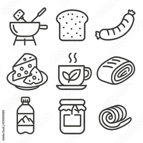 Alpine Culinary Icons. Line style icons of Alpine Culinary Traditions: fondue pot, rye bread slice, bratwurst sausage, cheese