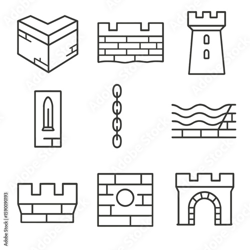 Fortification Line Icons. Line style icons of Defensive Fortifications: bastion corner, rampart wall, watchtower, firing slit,