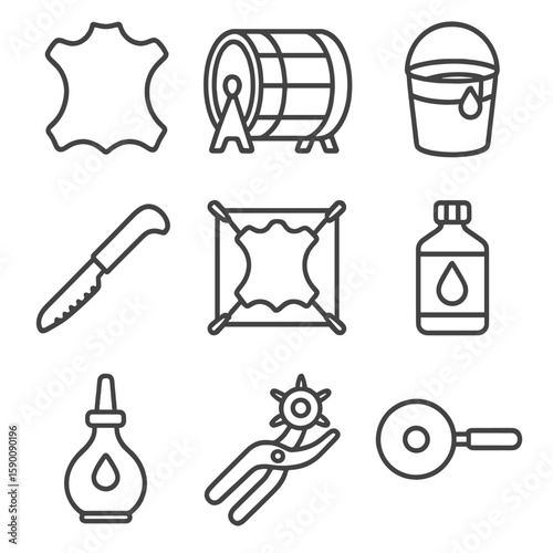 Leather Tanning Icons. Line style icons of Leather Tanning: hide skin, tanning drum, tanning solution bucket, fleshing knife,