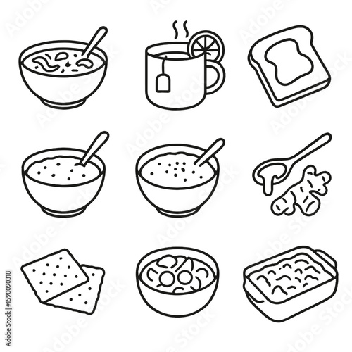 Comfort Food Icons. Outline style icons of Illness Comfort Foods: chicken noodle soup, hot lemon tea, buttered toast, hot oatmeal,