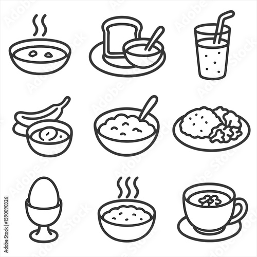 Recovery Meal Icons. Outline style icons of Recovery and Gentle Meals: light soup tray, toast and broth combo, smoothie in straw