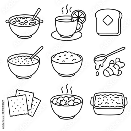 Comfort Food Icons. Outline style icons of Illness Comfort Foods: chicken noodle soup, hot lemon tea, buttered toast, hot oatmeal,