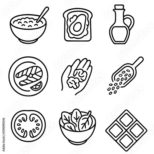 Heart-Healthy Food Icons. Outline style icons of Heart-Healthy Foods: oatmeal bowl, avocado toast, olive oil bottle, grilled