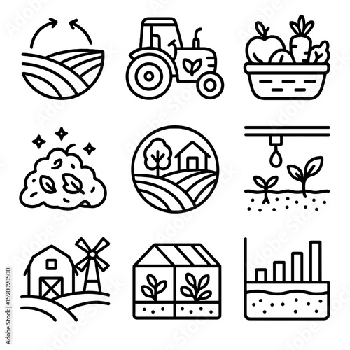 Sustainable Agriculture Icons. Outline style icons of Sustainable Agriculture: rotating crop field, eco tractor, organic produce