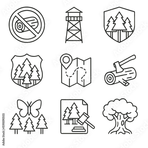 Forest Protection Icons. Outline style icons of Forest Protection: no logging sign, fire watch tower, protected woodland icon,