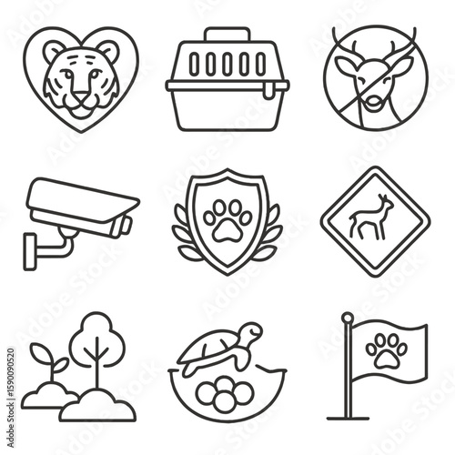 Wildlife Protection Icons. Outline style icons of Wildlife Protection: endangered species icon, animal rescue crate, no poaching