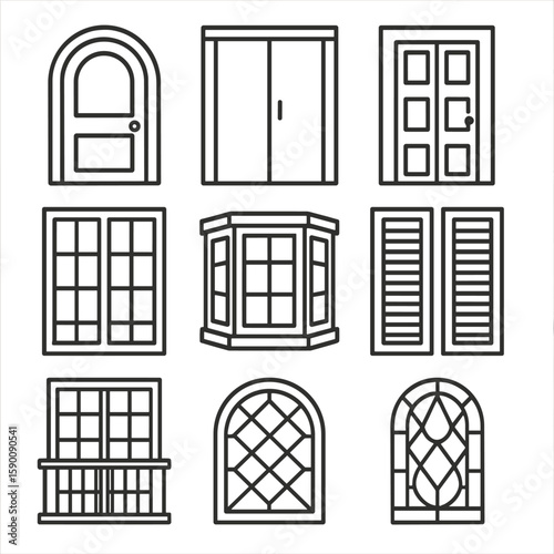 Door and Window Icons. Outline style icons of Door and Window Designs: arched door, sliding door, wooden front door, French window