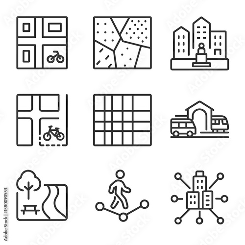 Urban Planning Icons. Outline style icons of Urban Planning: city block layout, zoning map, public square icon, bike path plan,