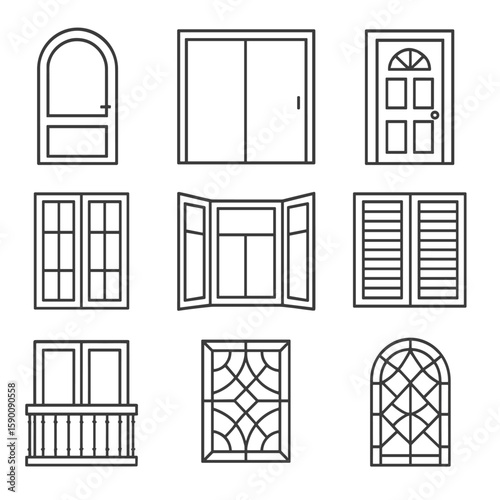 Door and Window Icons. Outline style icons of Door and Window Designs: arched door, sliding door, wooden front door, French window