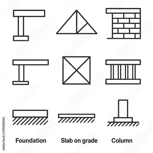 Structural Elements Icons. Outline style icons of Structural Elements: beam and post, truss outline, load-bearing wall, cantilever