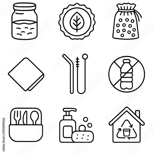 Zero-Waste Icons. Outline style icons of Zero-Waste Lifestyle: glass jar pantry, zero-waste badge, bulk shopping bag, cloth napkin