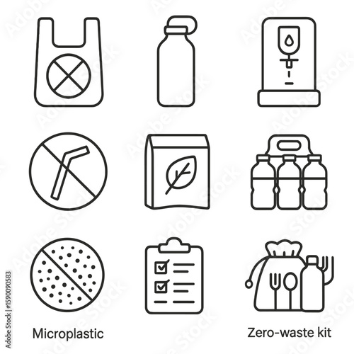Plastic Waste Icons. Outline style icons of Plastic Waste Reduction: plastic bag ban, reusable bottle, refill station, no straw