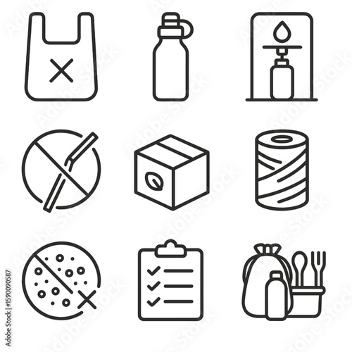 Plastic Waste Icons. Outline style icons of Plastic Waste Reduction: plastic bag ban, reusable bottle, refill station, no straw