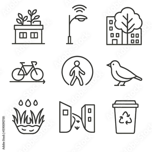 Urban Ecology Icons. Outline style icons of Clean Energy Sources: solar panel array, wind turbine, hydroelectric dam, geothermal