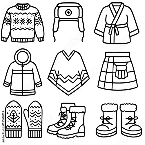 Traditional Winter Attire Icons. Outline style icons of Traditional Winter Attire: Nordic wool sweater, Russian ushanka, Japanese