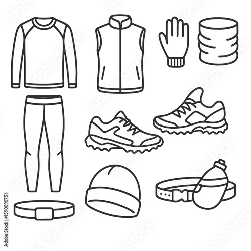 Winter Running Gear Icons. Outline style icons of Winter Running Wear: moisture-wicking top, windbreaker vest, fleece gloves, neck