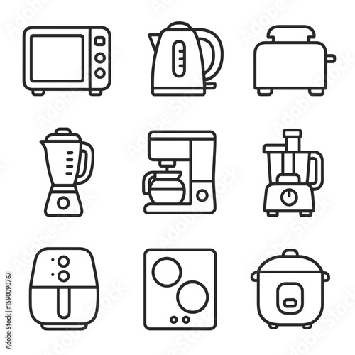 Kitchen Electronics Icons. Outline style icons of Kitchen Electronics: microwave, electric kettle, toaster, blender, coffee maker,